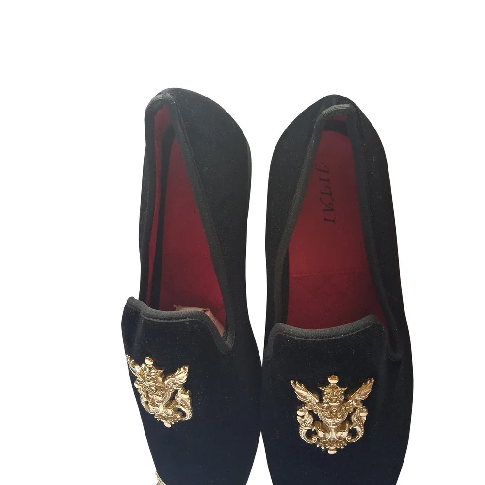 Jitai Mens Velvet Loafers Gold Studded Cap Toe Crest Black Dress Shoes 12.5